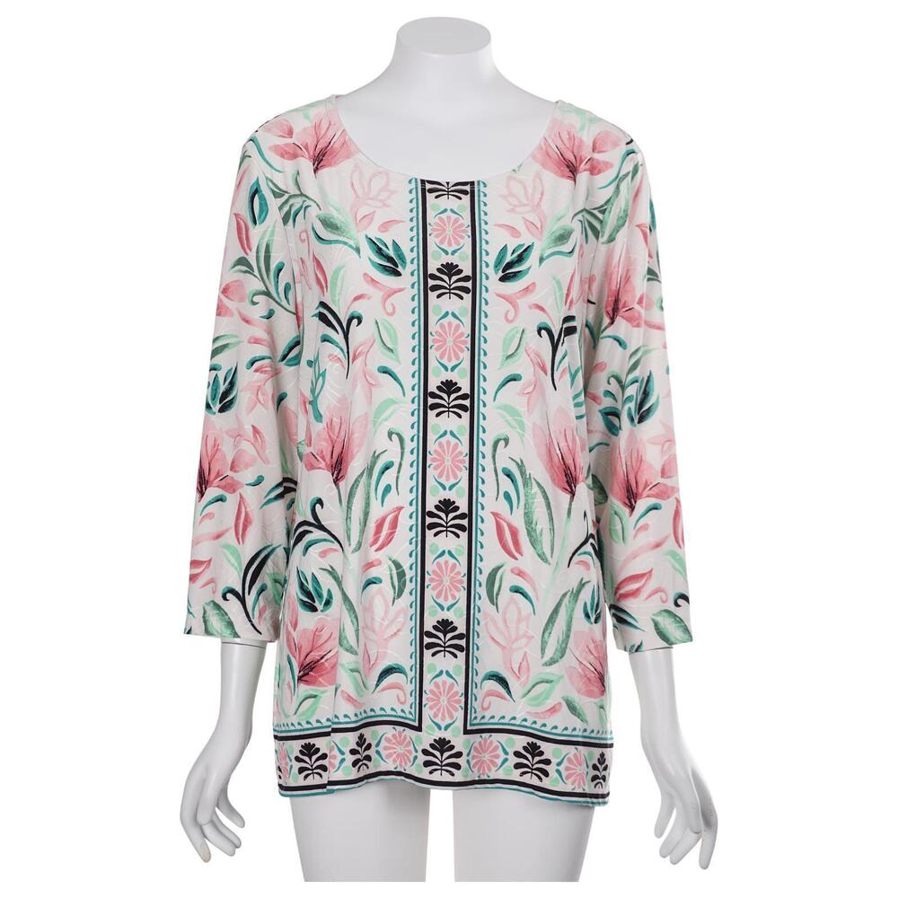 JM Collection Tunic Top L Pink Green Floral Stretch 3/4 Sleeve Pullover Casual